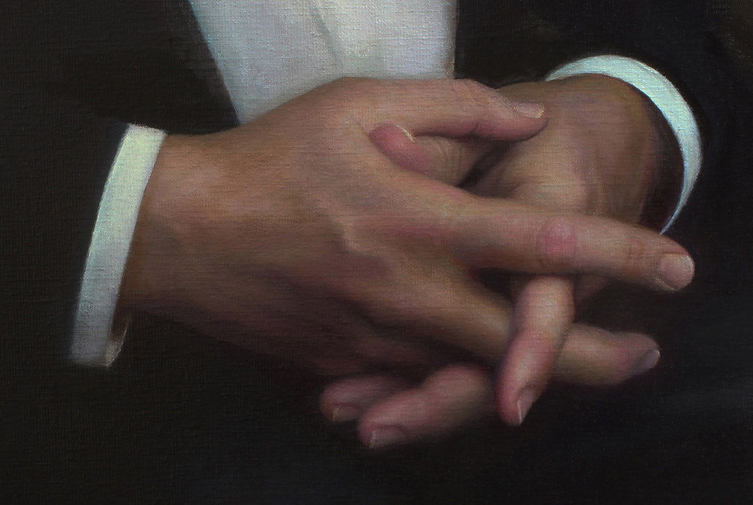 Detail of bespoke portrait commission by Marcus Callum, UK-based portrait artist. Oil painting, oil on linen.