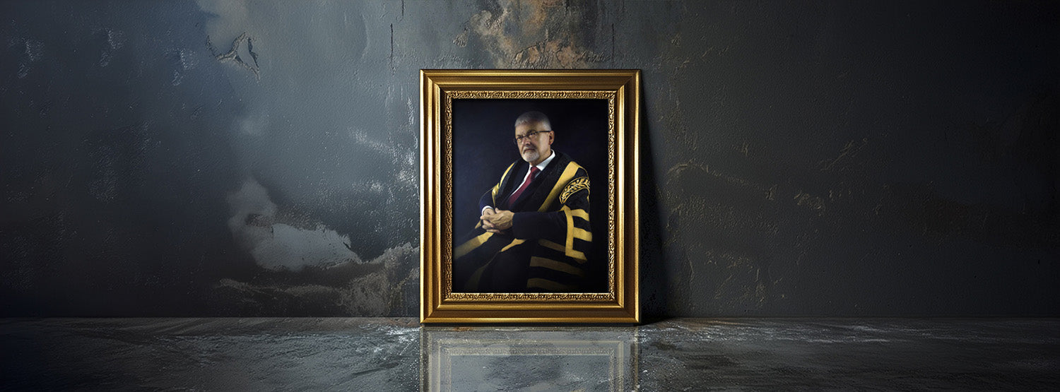 Portrait of a Chancellor in a gold frame against a concrete wall, long view