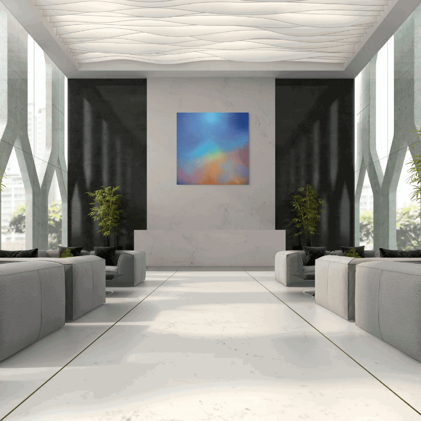 Original abstract painting for sale titled 'Aura Aurora' by Marcus Callum, featuring blended blues, purples, yellows, and reds to evoke energy and uplift, in a room setting.