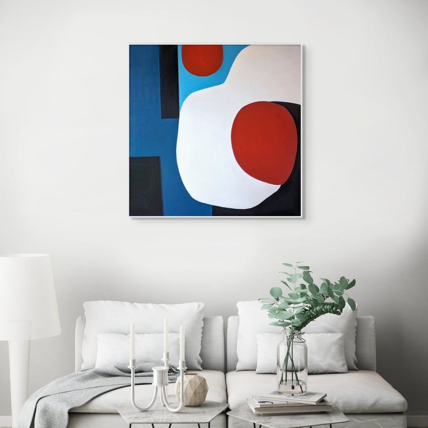 Original abstract painting for sale "Better Together" by Marcus Callum Artist on a white wall above a white sofa