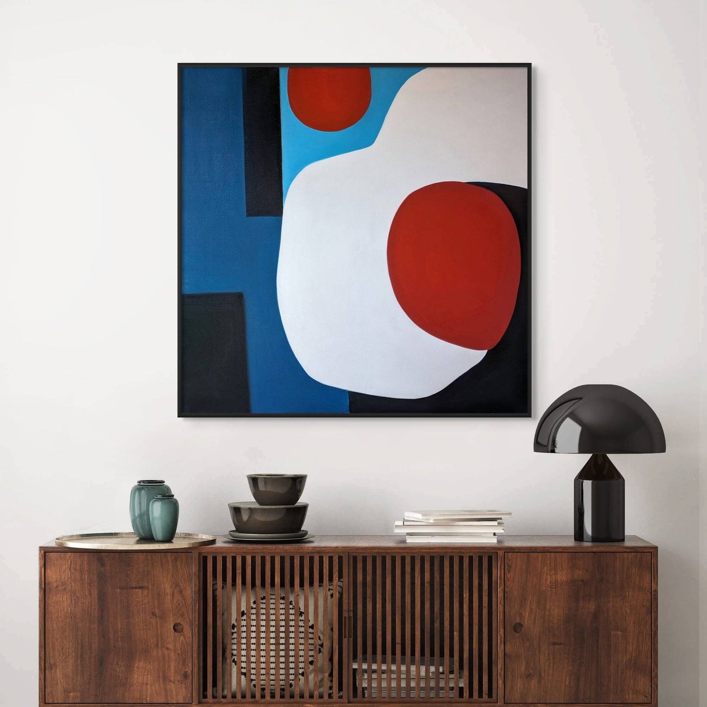 “Better Together", blue and red orb original abstract painting for sale.