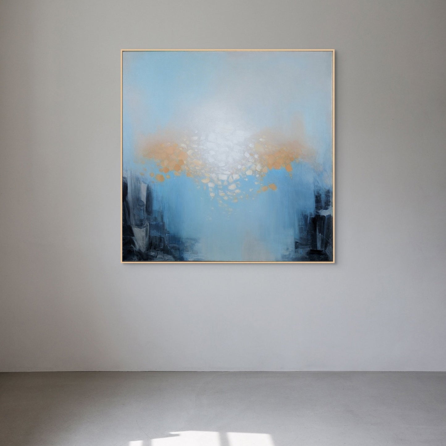 Original abstract painting for sale "Hello Sunshine" on a wall in natural wood frame by artist Marcus Callum