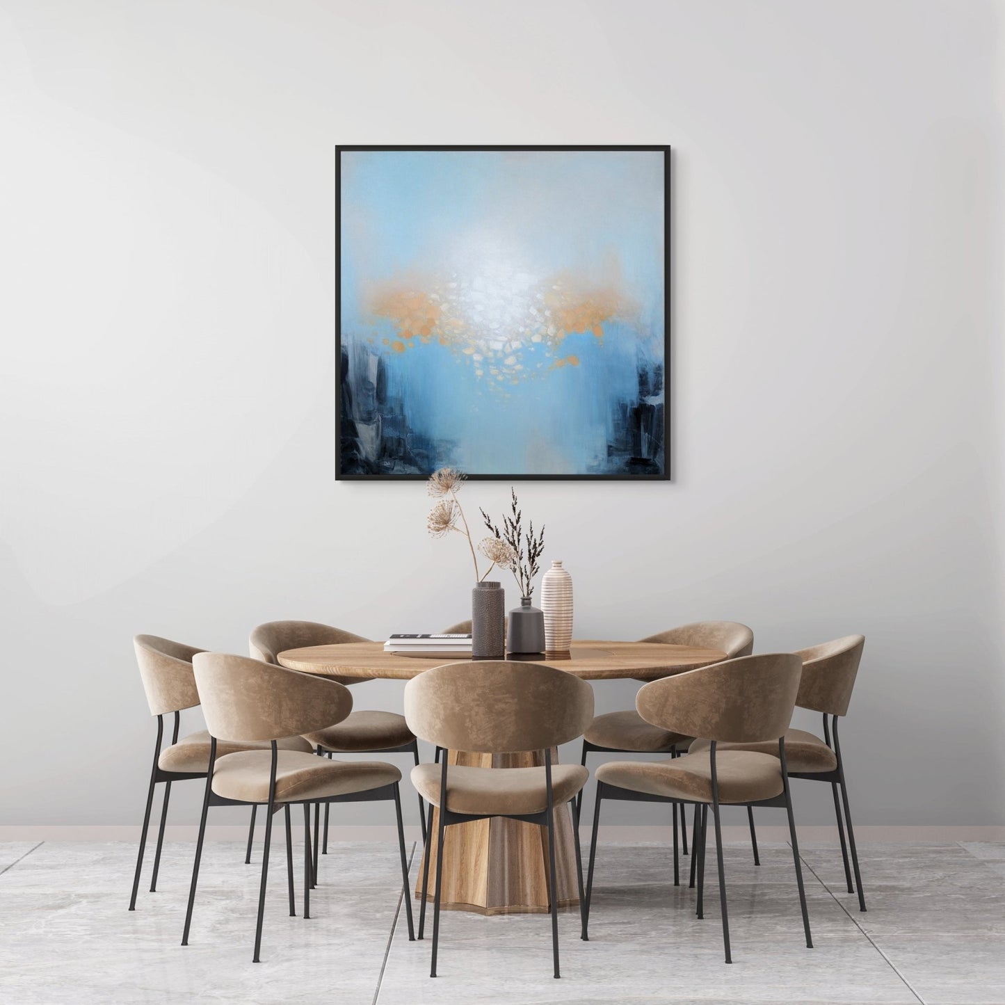 Original abstract painting for sale "Hello Sunshine" by artist Marcus Callum, above a table and chairs