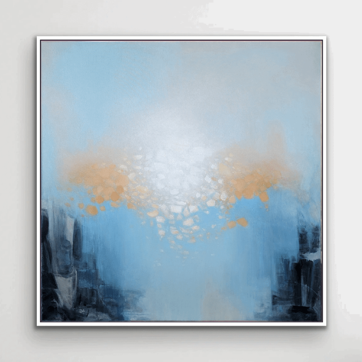 Original abstract painting for sale "Hello Sunshine" on a wall in white wood frame by artist Marcus Callum