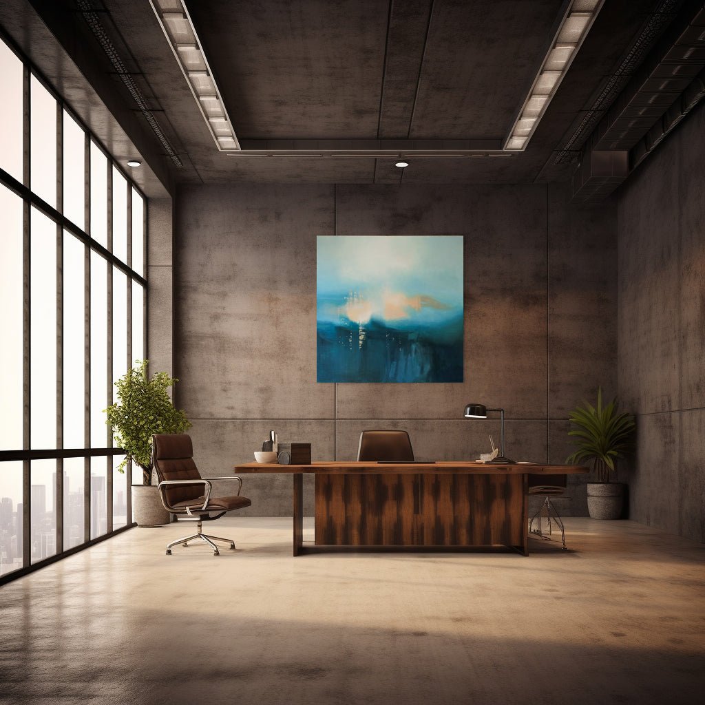 Original abstract painting for sale by artist Marcus Callum, titled 'Misty Morning" above an office desk