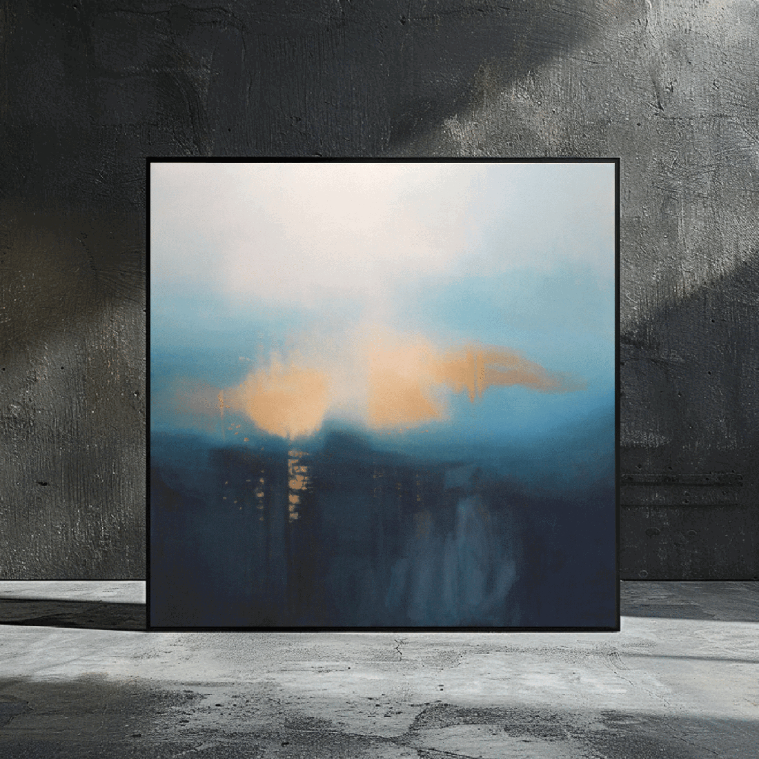 Original abstract painting for sale titled 'Misty Morning' by Marcus Callum, featuring soft gradients of blue, teal, and gold tones, evoking the serene atmosphere of a foggy dawn.