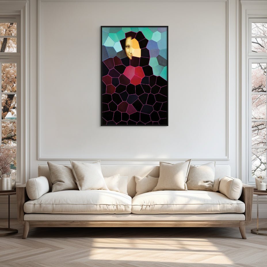 Original abstract painting for sale : "Mona" on a wall above a beige sofa, by Marcus Callum Artist