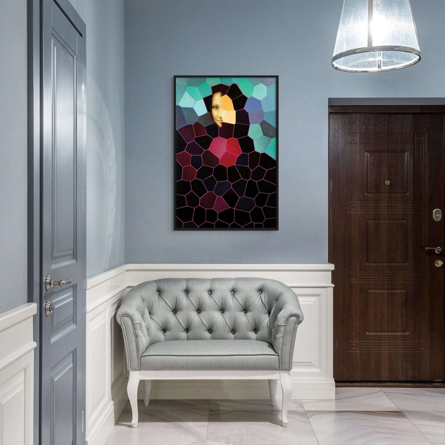 Original abstract painting for sale: "Mona" on a wall above a grey chair by Marcus Callum Artist