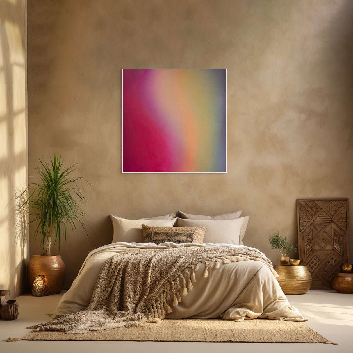 Original abstract painting for sale by Marcus Callum, featuring a soft gradient of rich pink, red, purple and yellow tones, evoking a sense of harmony and atmospheric depth.