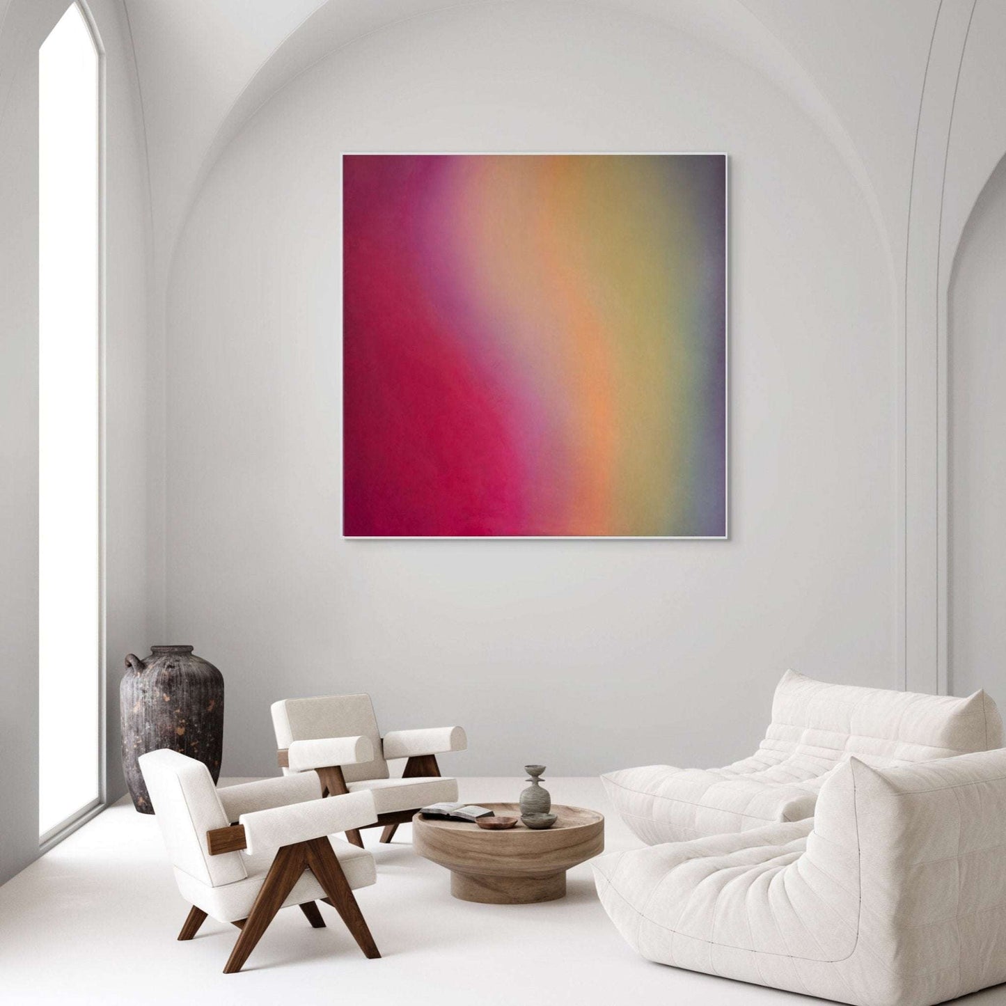 Original abstract painting for sale by Marcus Callum featuring a soft gradient of rich pink red purple and yellow tones evoking a sense of harmony and atmospheric depth