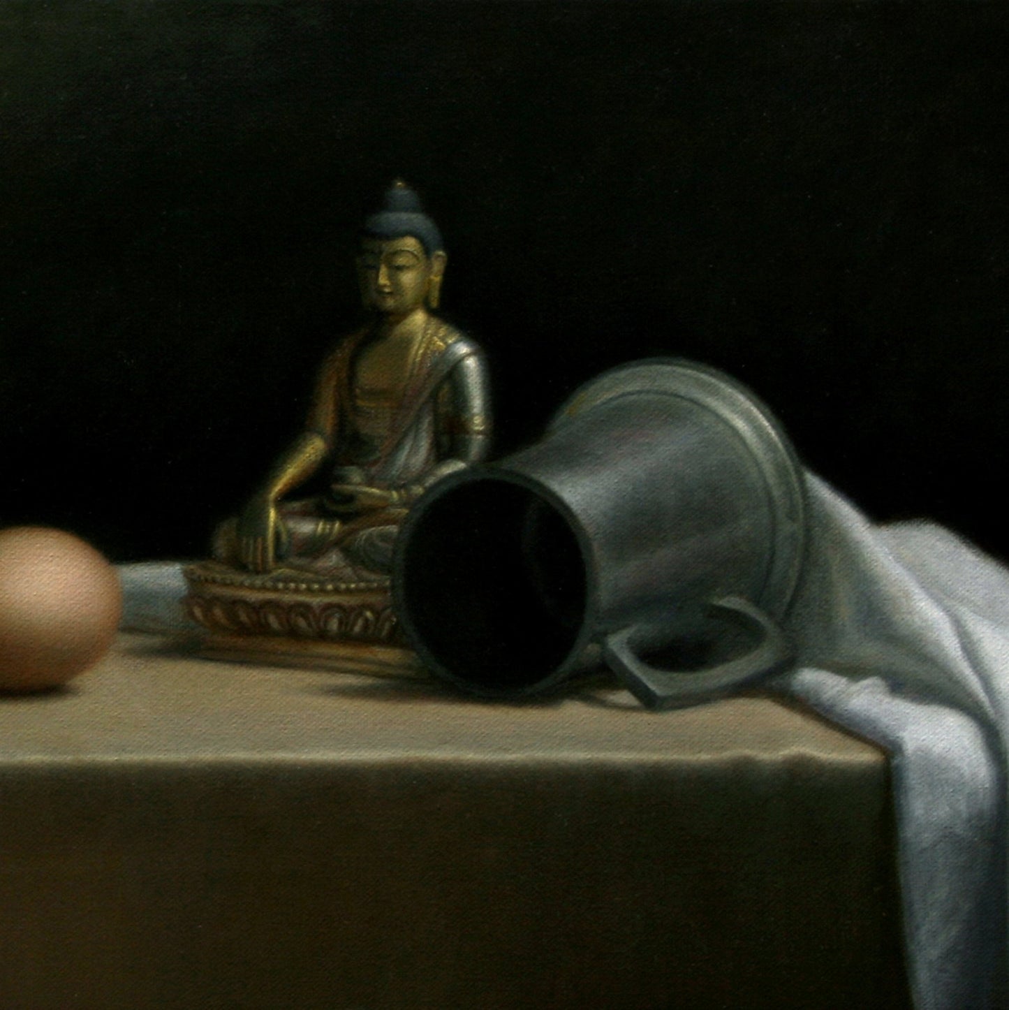 Original Dutch Masters inspired oil painting for sale: "Still Life with Eggs and Buddha" by Marcus Callum Artist