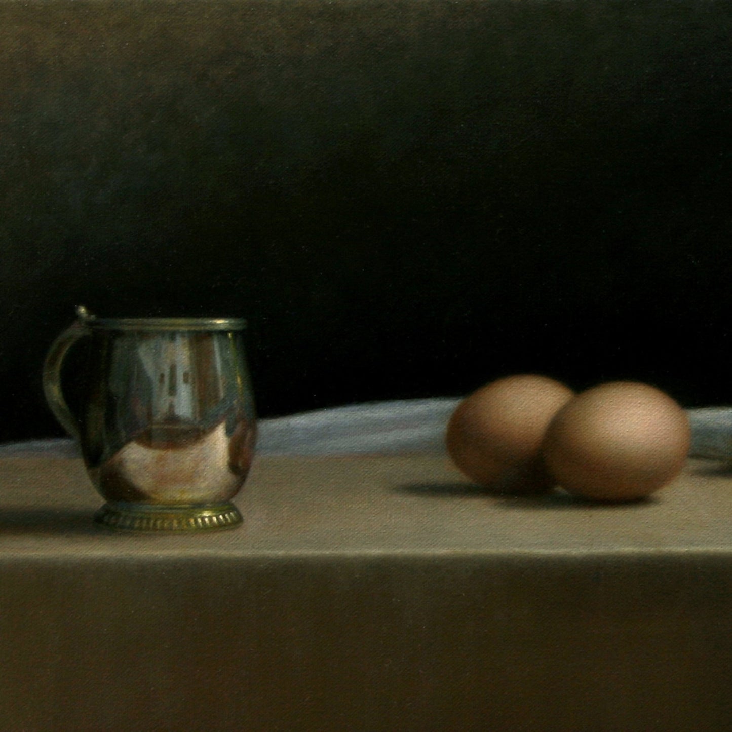 Original Dutch Masters inspired oil painting for sale: "Still Life with Eggs and Buddha" by Marcus Callum Artist