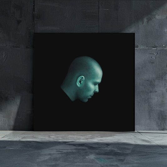 Hand-painted fine art portrait – 'The Green Man' by Marcus Callum (Available), leaning against a wall