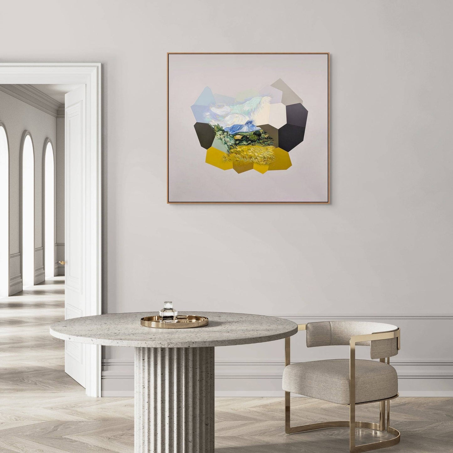 Wheat Fields, original abstract painting for sale in natural coloured wood frame on wall next to a doorway