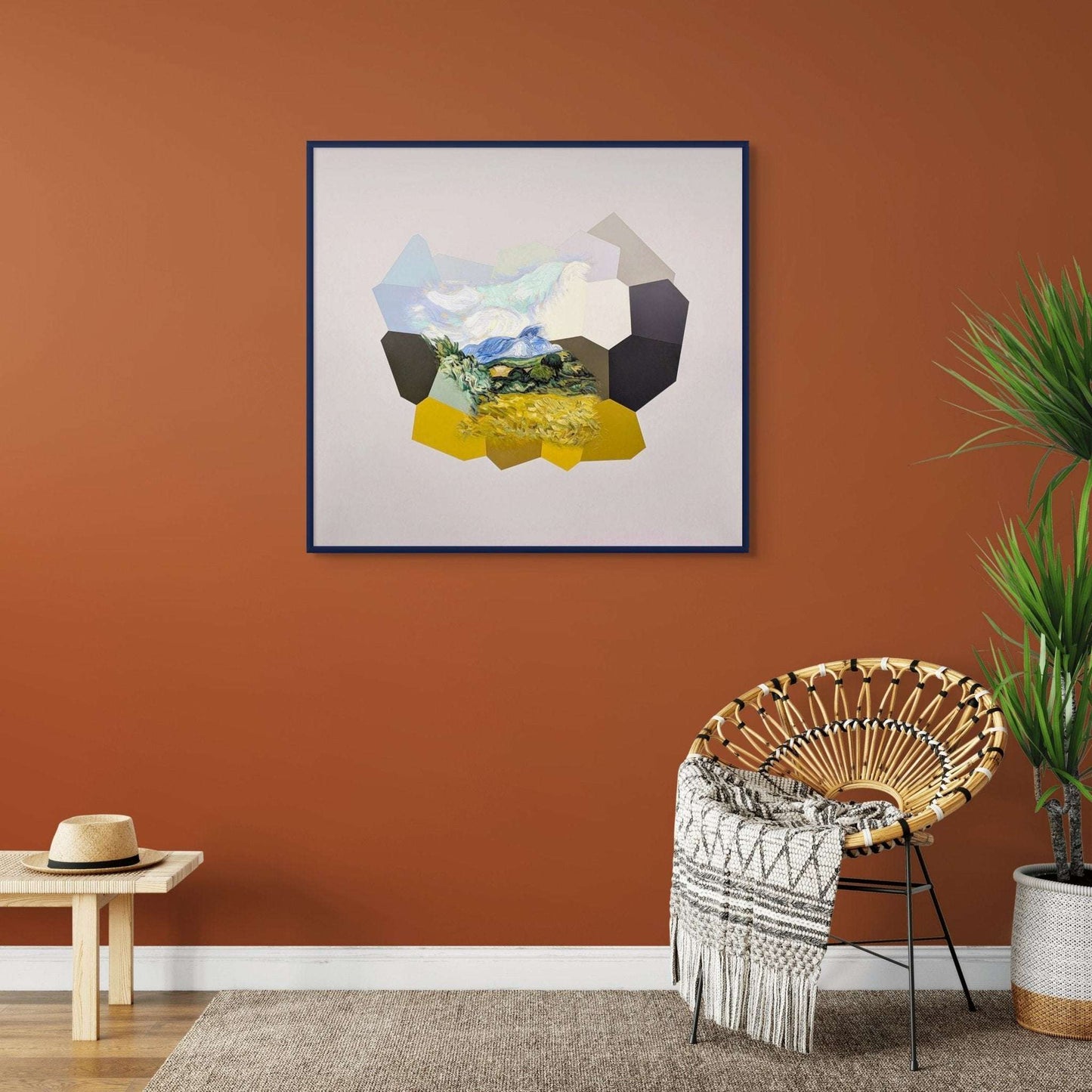 Wheat Fields, original abstract painting for sale in black wood frame on deep orange wall above a bamboo chair