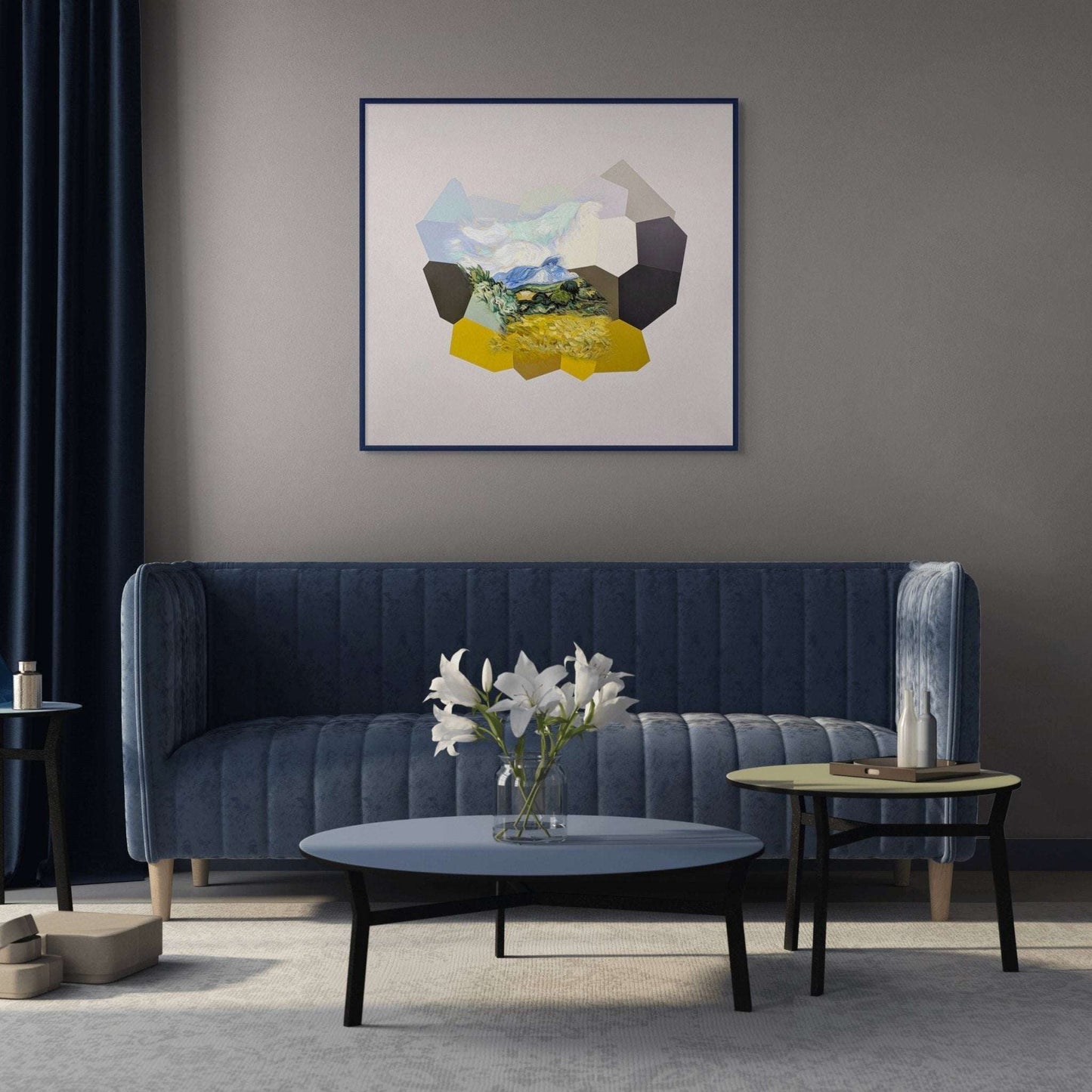 Wheat Fields, original abstract painting for sale in black wood frame on wall above blue grey sofa