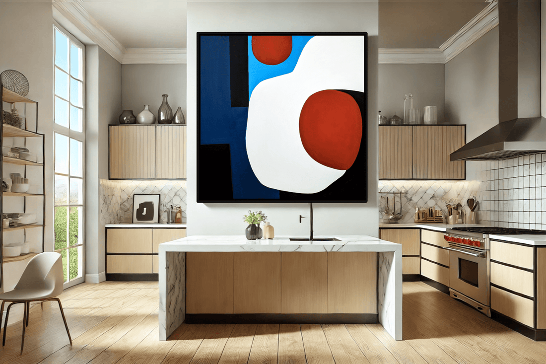 Bold abstract art with red, blue, and white shapes displayed as kitchen wall decor, adding energy to the space