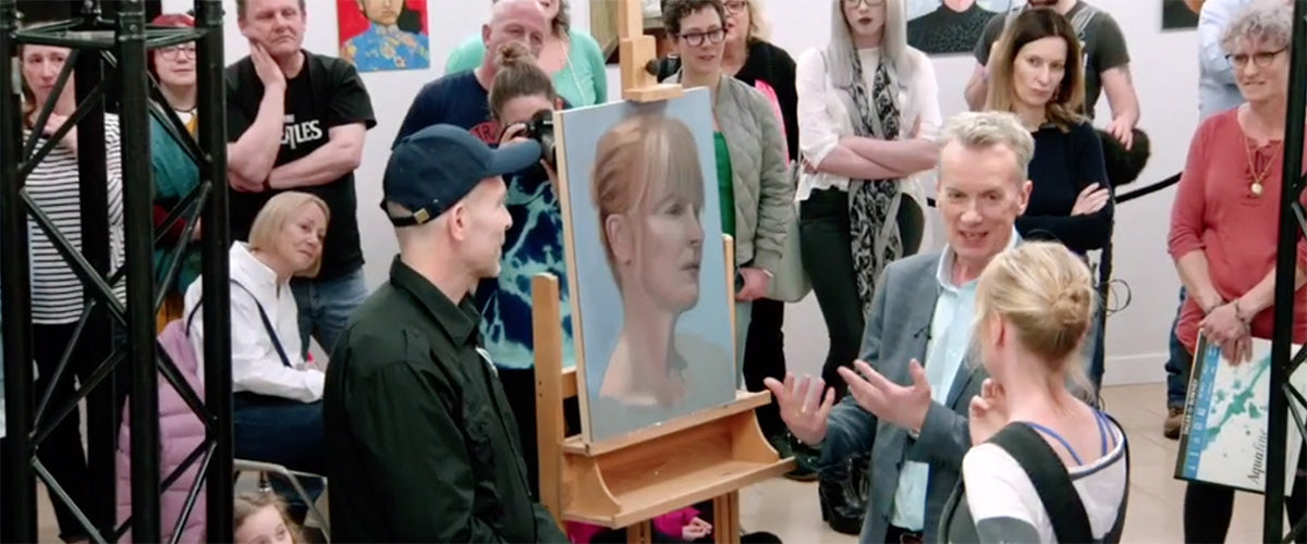 Marcus with Claire Skinner and Frank Skinner at Portrait Artist of the Year 2018