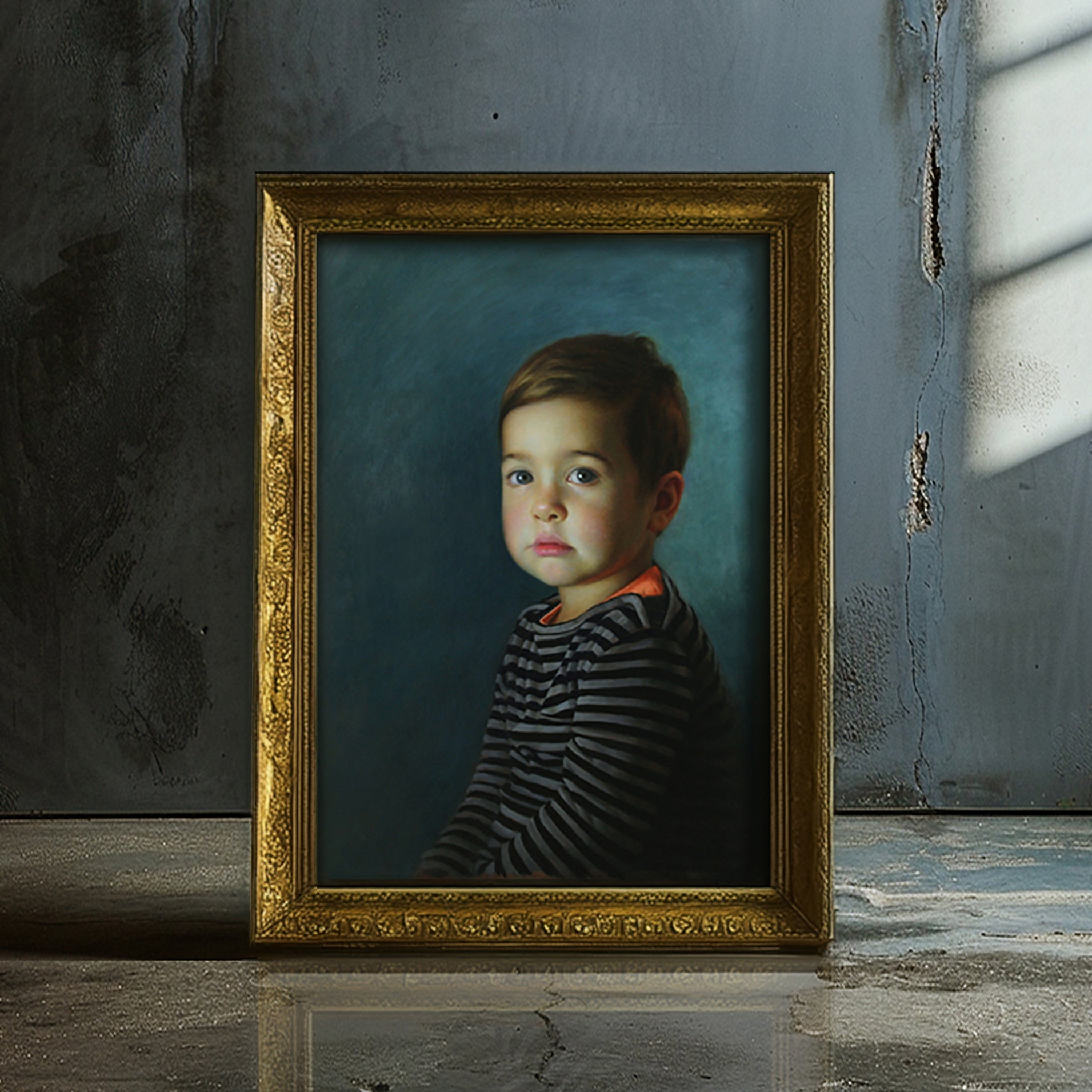 Custom portrait by Marcus Callum, UK portrait artist. Oil painting commission showcasing a young boy in a striped top.