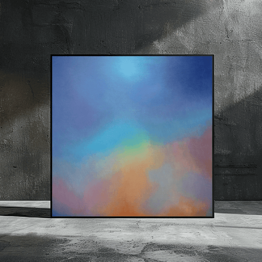 Abstract fine art print for sale: "Aura Aurora" in black frame against concrete background by award winning artist Marcus Callum