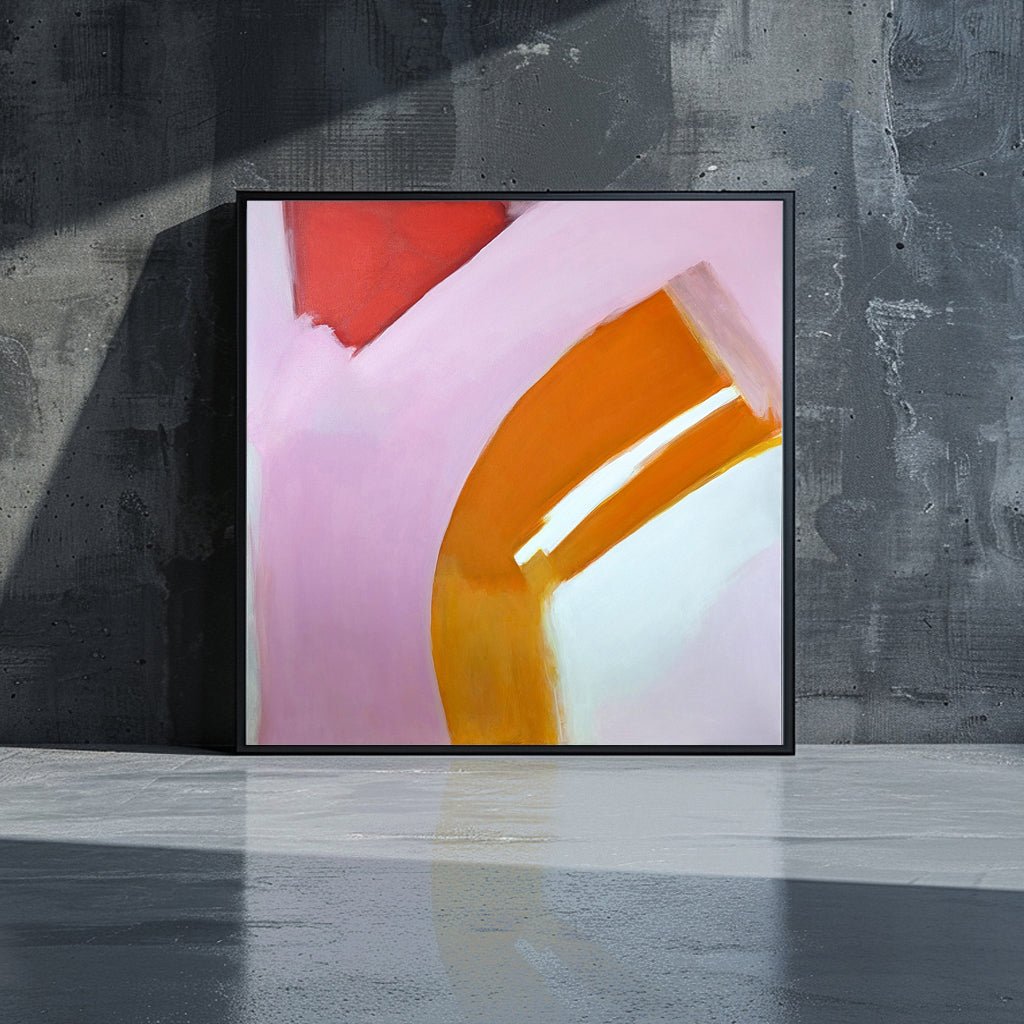 Abstract painting by Marcus Callum featuring bold orange and red geometric forms against a soft pink and white background, evoking warmth and dynamic energy