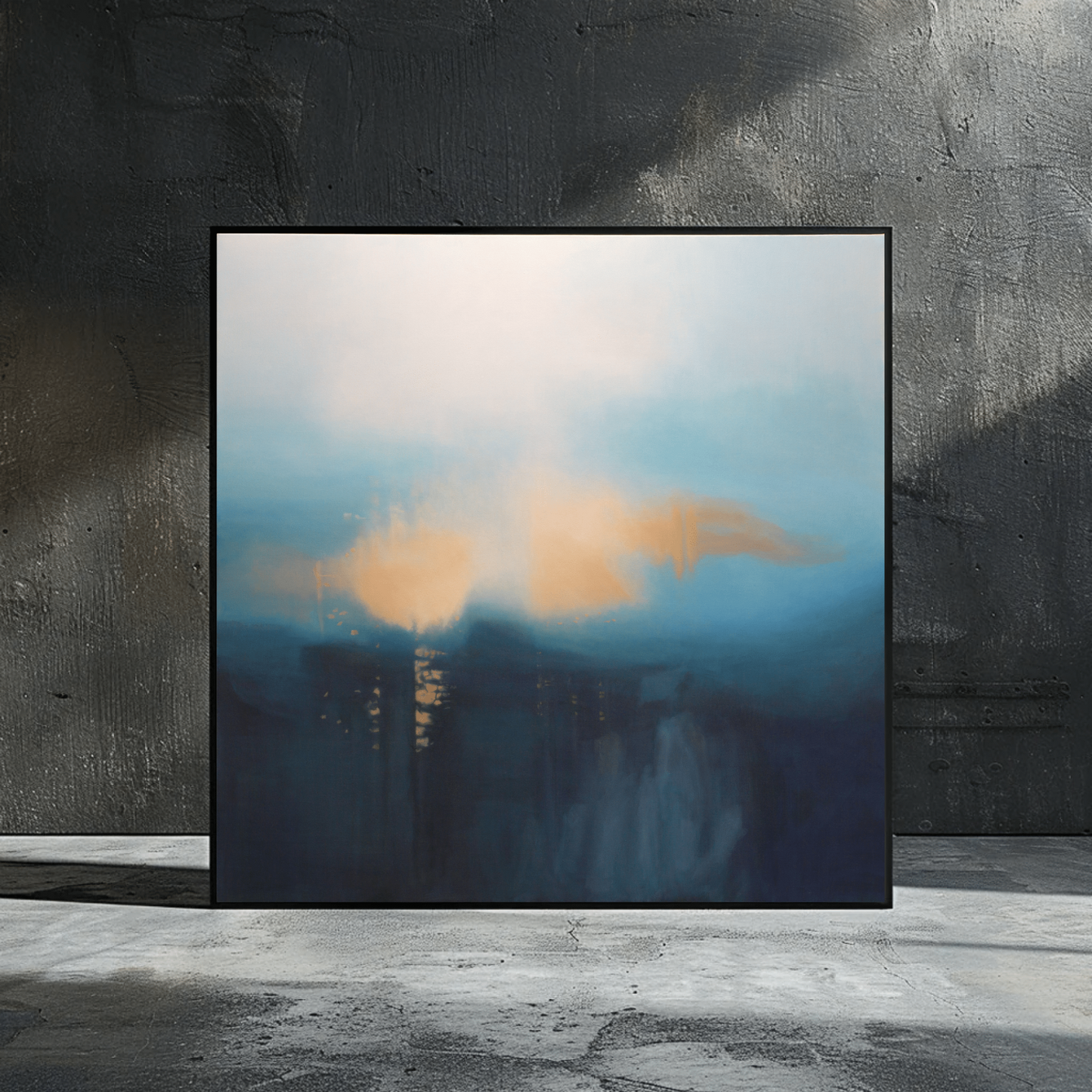 Abstract oil painting titled Misty Morning by Marcus Callum featuring soft gradients of blue teal and gold tones evoking the serene atmosphere of a foggy dawn