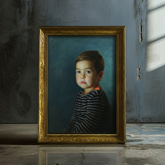 Custom portrait by Marcus Callum, UK portrait artist. Oil painting commission showcasing a young boy in a striped top.