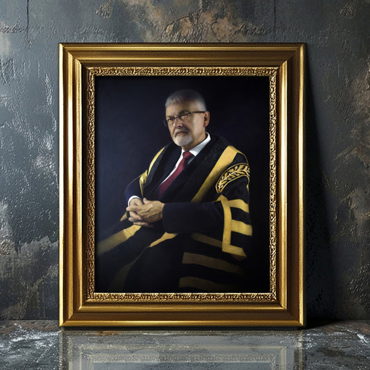 Detail of custom portrait by Marcus Callum, UK portrait artist. Oil painting commission showcasing a University Chancellor in a gold frame.