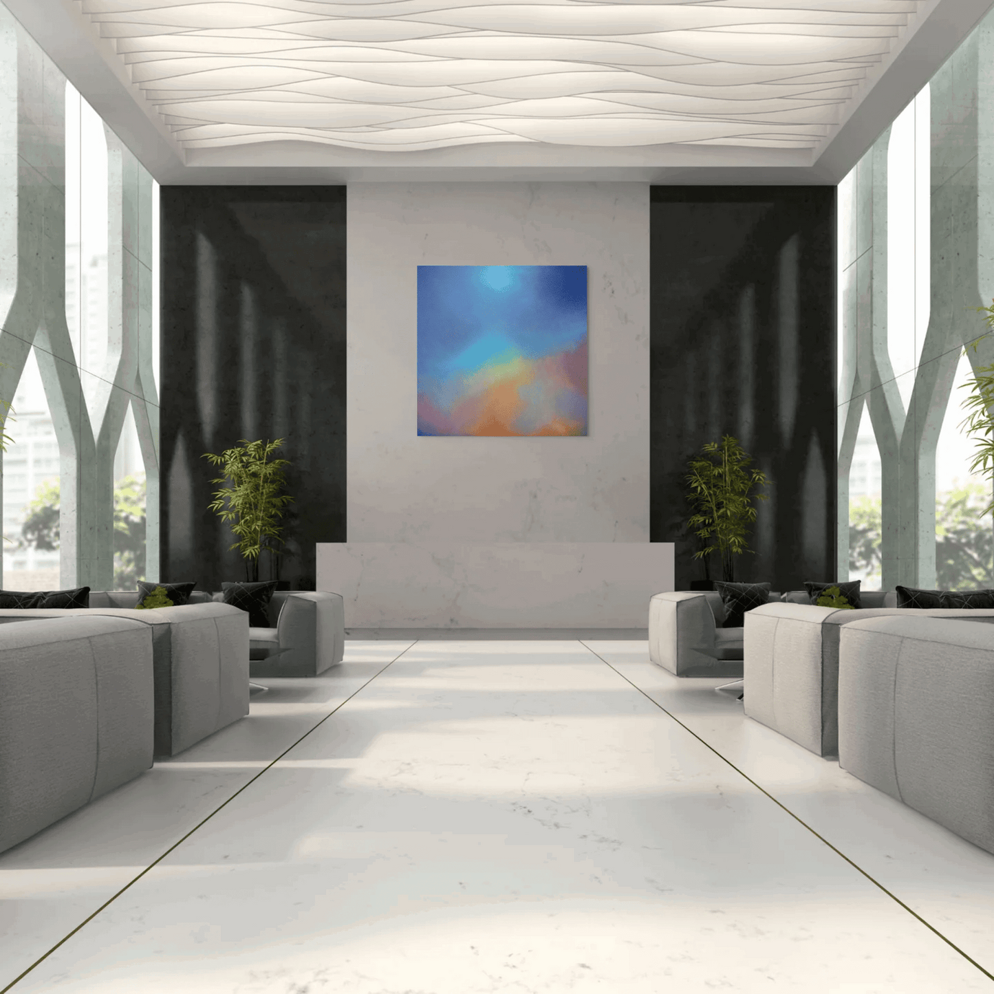 Abstract oil painting titled 'Aura Aurora' by Marcus Callum, featuring blended blues, purples, yellows, and reds to evoke energy and uplift, in a room setting.