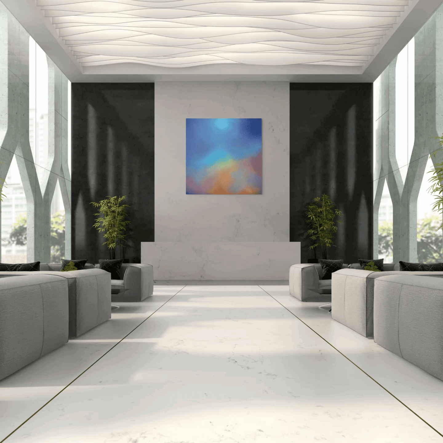 Abstract oil painting titled 'Aura Aurora' by Marcus Callum, featuring blended blues, purples, yellows, and reds to evoke energy and uplift, in a room setting.Original Painting: "Aura Aurora" (Available)