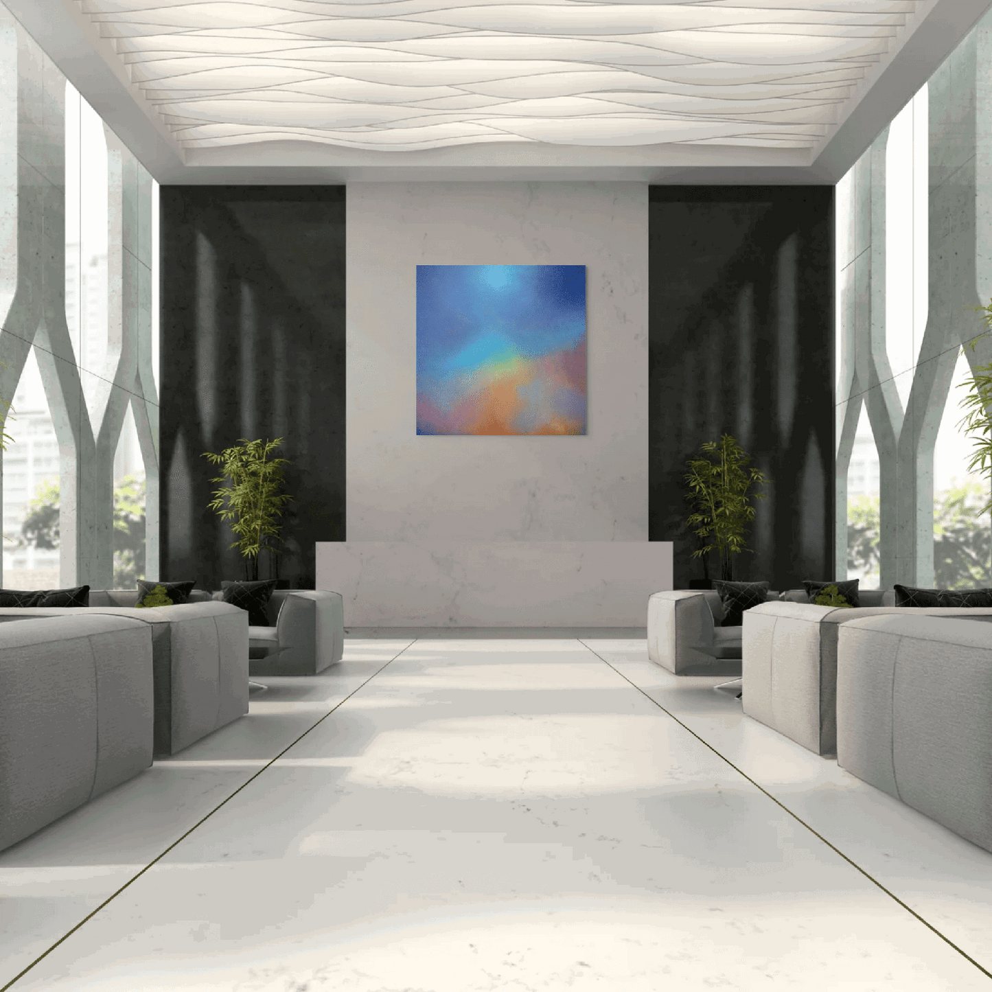 Abstract oil painting titled 'Aura Aurora' by Marcus Callum, featuring blended blues, purples, yellows, and reds to evoke energy and uplift, in a room setting.