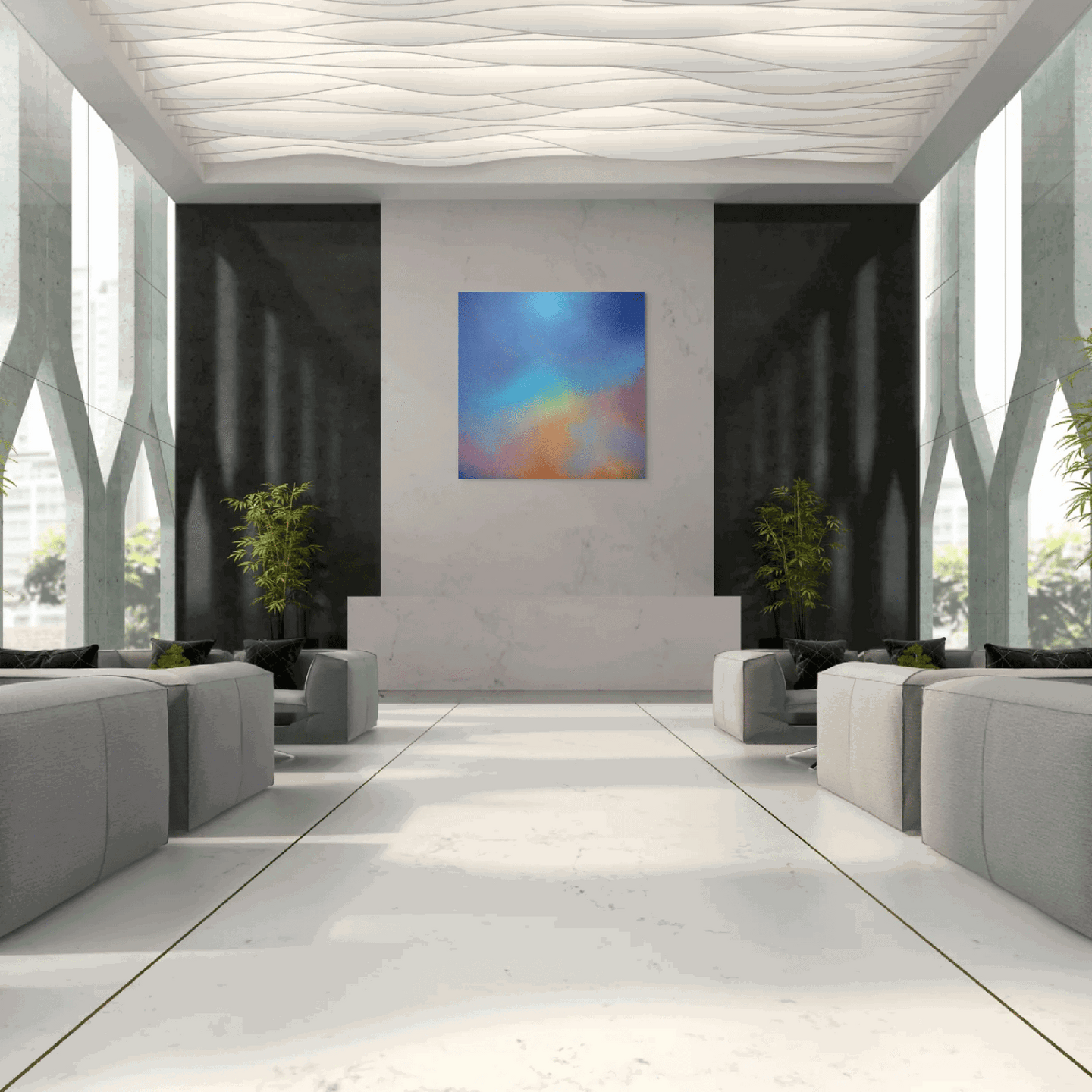 Abstract oil painting titled 'Aura Aurora' by Marcus Callum, featuring blended blues, purples, yellows, and reds to evoke energy and uplift, in a room setting.Original Painting: "Aura Aurora" (Available)