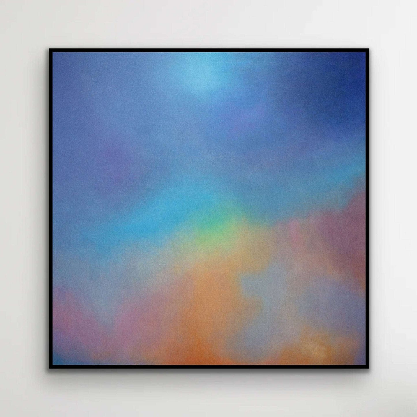 Abstract oil painting titled Aura Aurora by Marcus Callum featuring blended blues purples yellows and reds to evoke energy and uplift