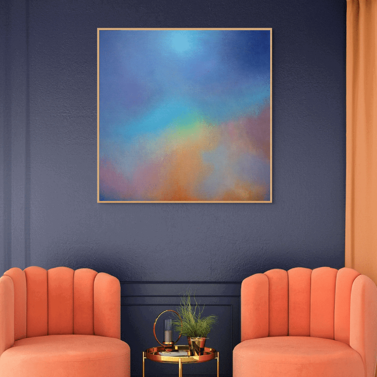 Abstract oil painting titled Aura Aurora by Marcus Callum featuring blended blues purples yellows and reds to evoke energy and uplift in room setting.