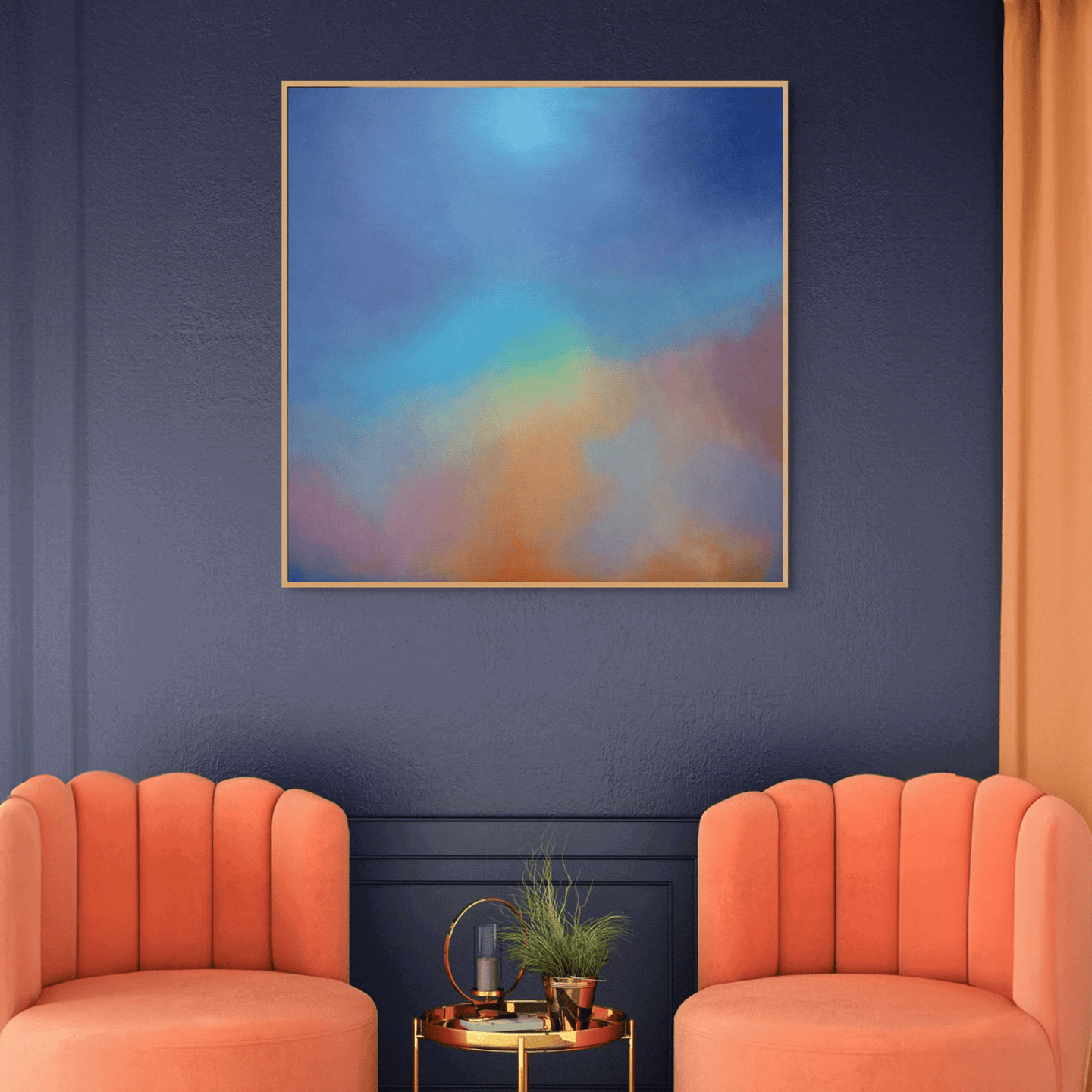 Abstract oil painting titled Aura Aurora by Marcus Callum featuring blended blues purples yellows and reds to evoke energy and uplift in room setting.Original Painting: "Aura Aurora" (Available)