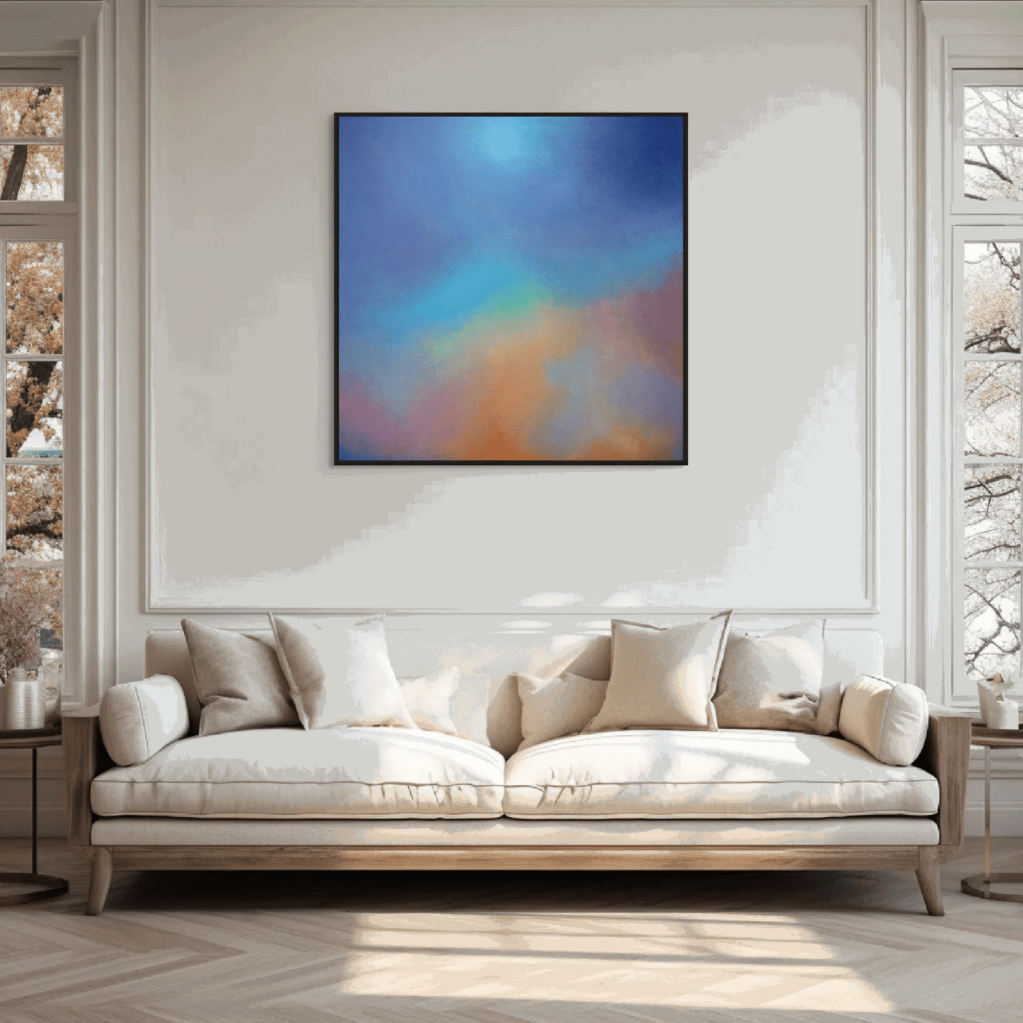 Fine art abstract oil painting 'Aura Aurora' by portrait artist Marcus Callum, featuring blended blues, purples, yellows, and reds to evoke energy and uplift, in a room setting.