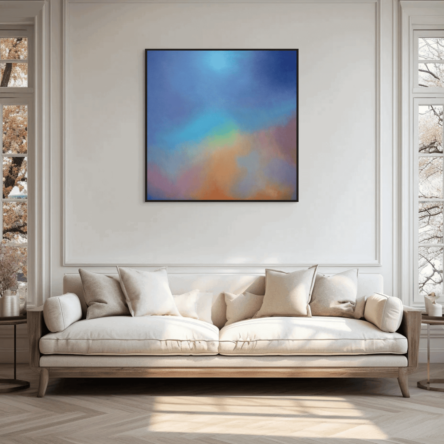 Fine art abstract oil painting 'Aura Aurora' by portrait artist Marcus Callum, featuring blended blues, purples, yellows, and reds to evoke energy and uplift, in a room setting.