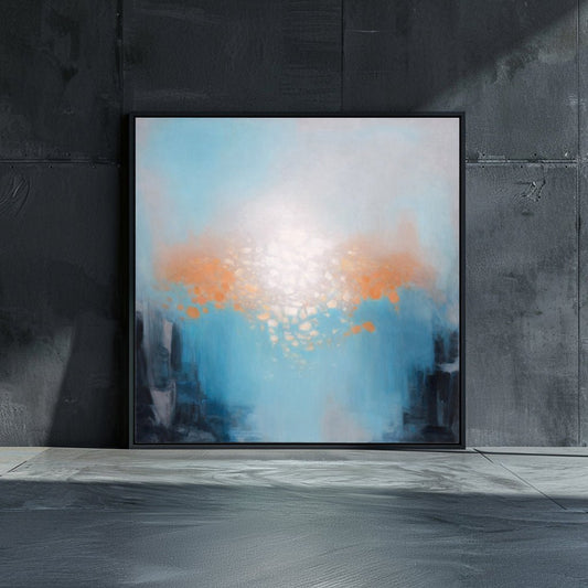 Abstract oil painting by Marcus Callum, featuring soft gradients of blue and white with vibrant orange and golden accents, evoking the radiance of sunlight breaking through a serene sky.