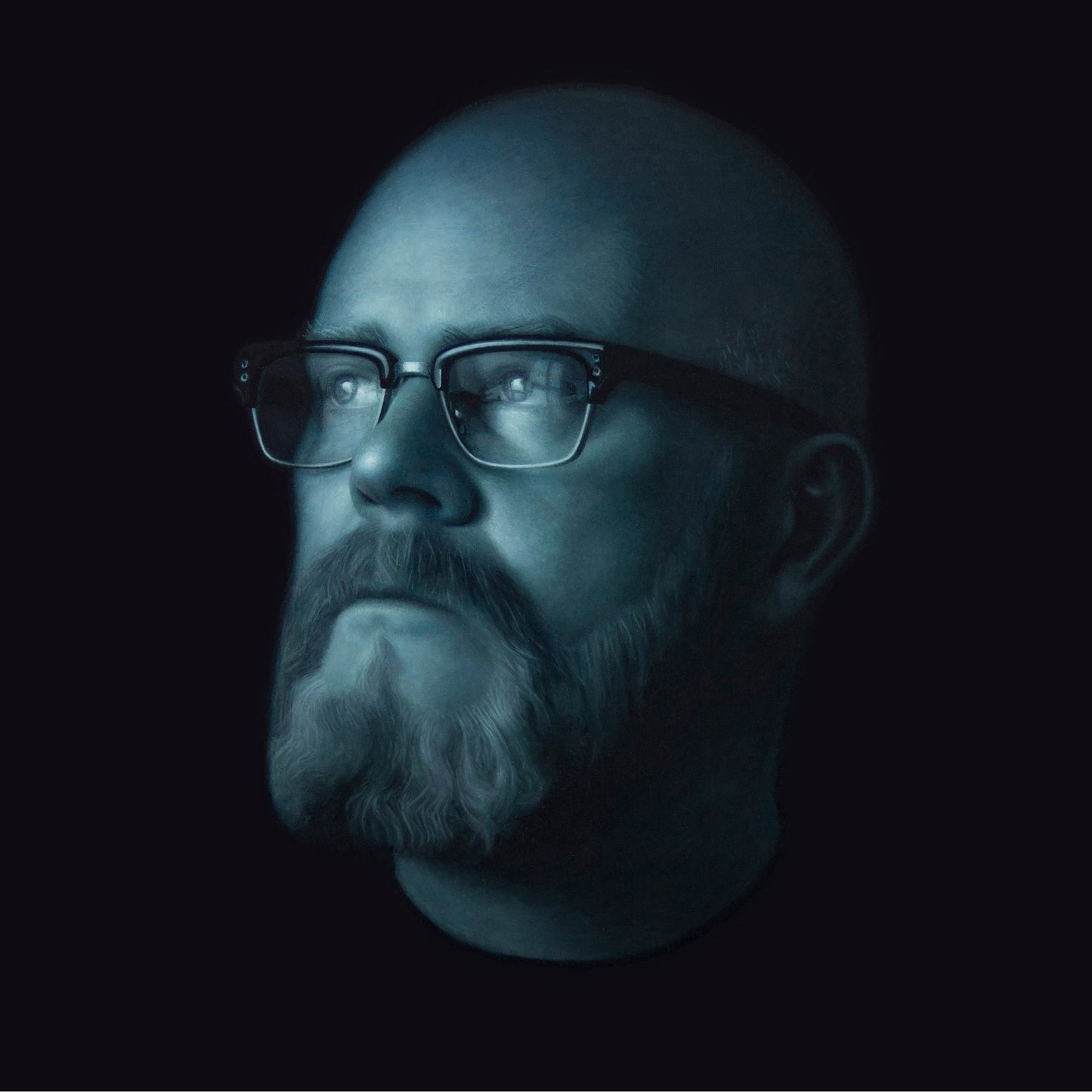 Oil portrait of Lez - man with beard and glasses in contemplative pose