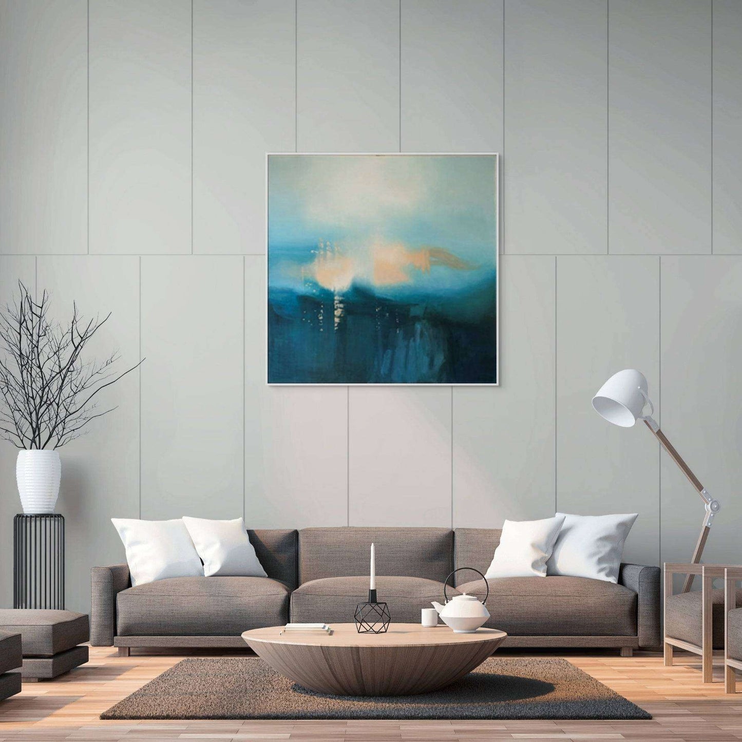 Original abstract painting for sale: "Misty Morning" by artist Marcus Callum on wall above a brown sofa