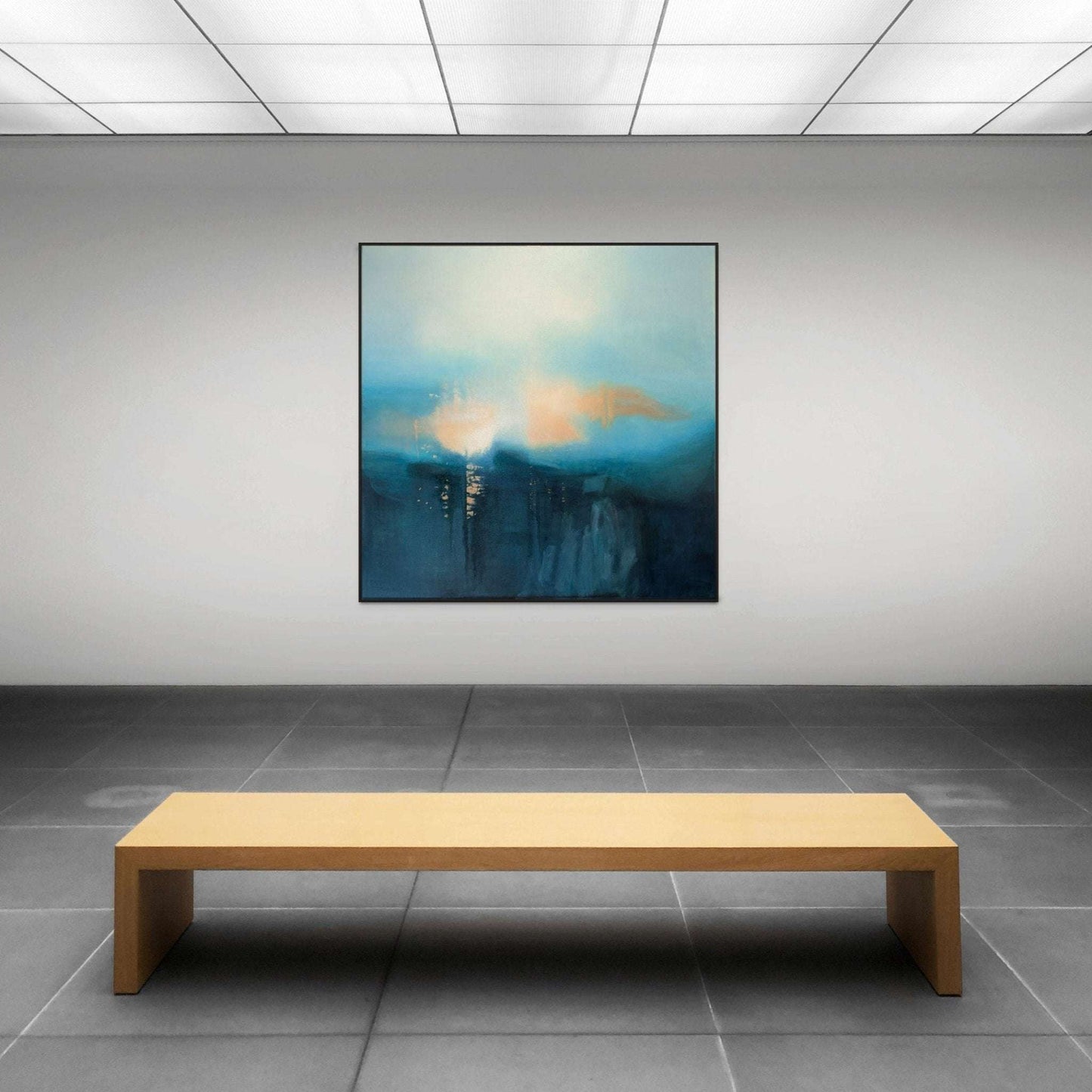 Original abstract painting for sale: "Misty Morning" in a gallery setting