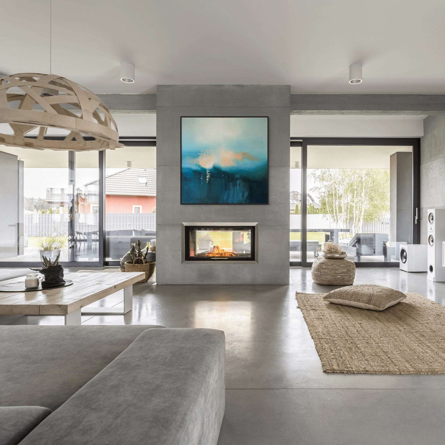 Original abstract painting for sale: "Misty Morning" by artist Marcus Callum above a fireplace in large living room