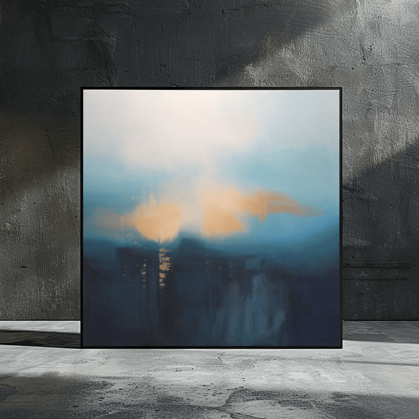 Abstract oil painting titled 'Misty Morning' by Marcus Callum, featuring soft gradients of blue, teal, and gold tones, evoking the serene atmosphere of a foggy dawn.