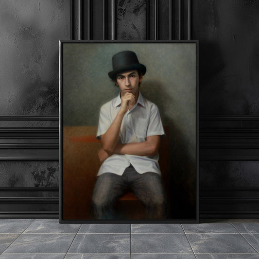 Custom portrait by Marcus Callum, UK portrait artist. Oil painting commission showcasing a young man in a thoughtful pose, painting leaning against a wall.