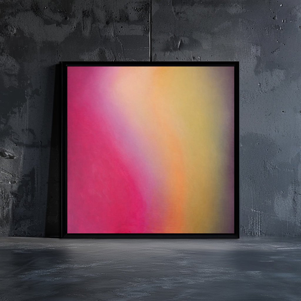 Abstract painting by Marcus Callum, featuring a soft gradient of rich pink, red, purple and yellow tones, evoking a sense of harmony and atmospheric depth.