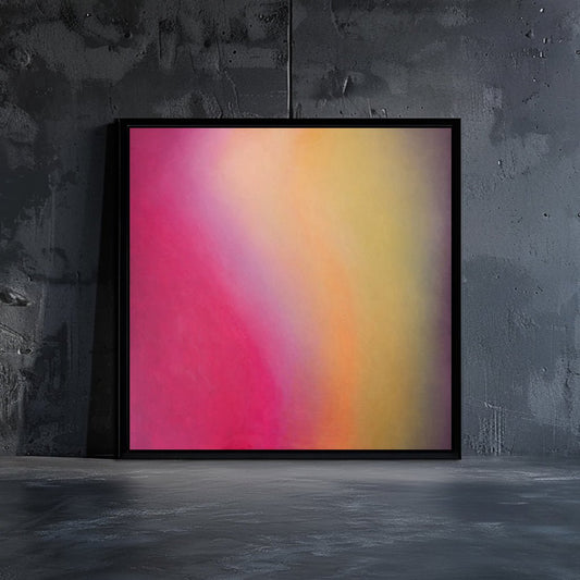 Abstract painting by Marcus Callum, featuring a soft gradient of rich pink, red, purple and yellow tones, evoking a sense of harmony and atmospheric depth.