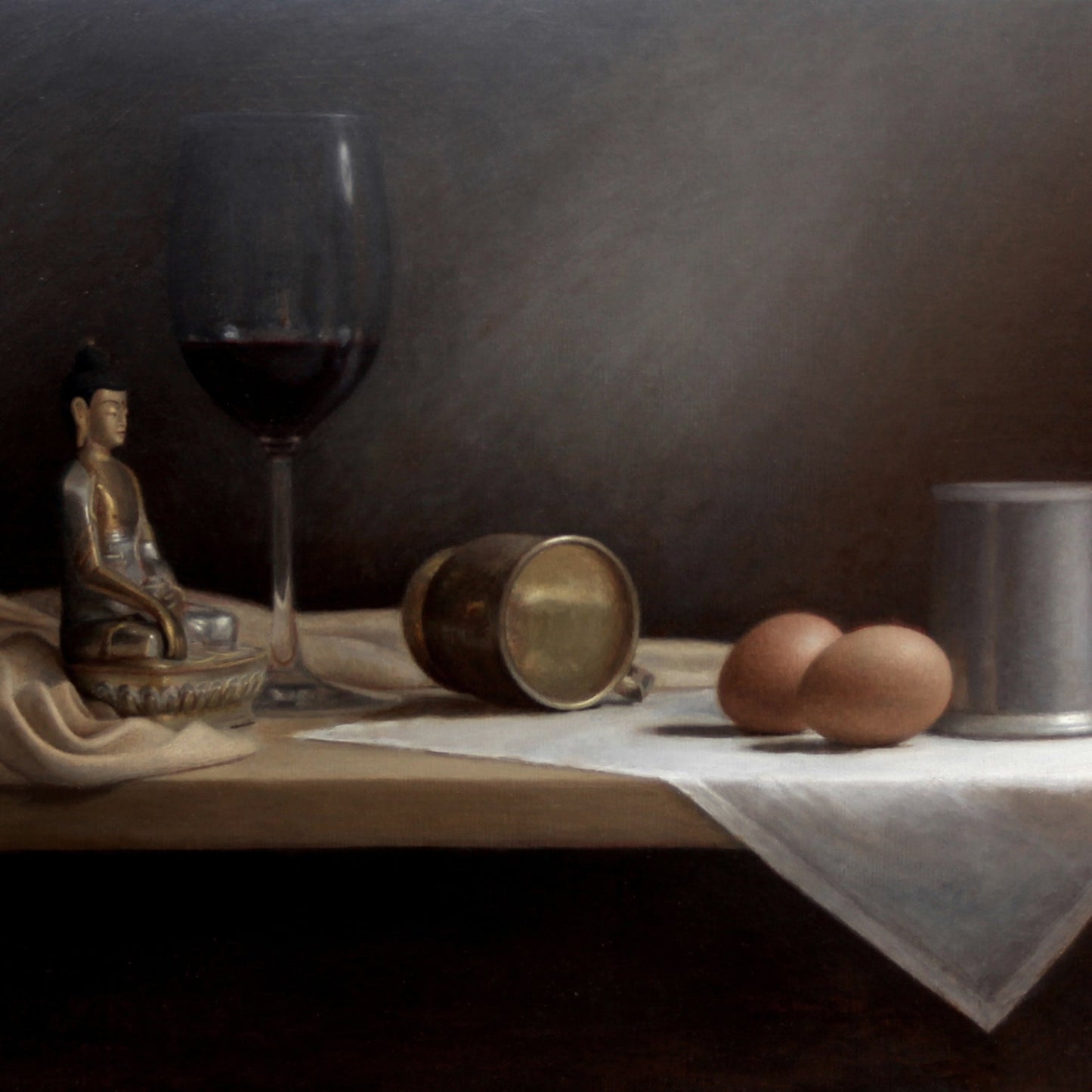 Original Dutch Masters inspired oil painting for sale: "Still Life with Wine, Eggs and Buddha" by Marcus Callum Artist