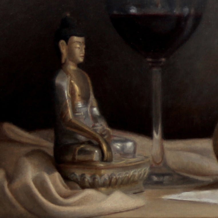 Original Dutch Masters inspired oil painting for sale: "Still Life with Wine, Eggs and Buddha" by Marcus Callum Artist