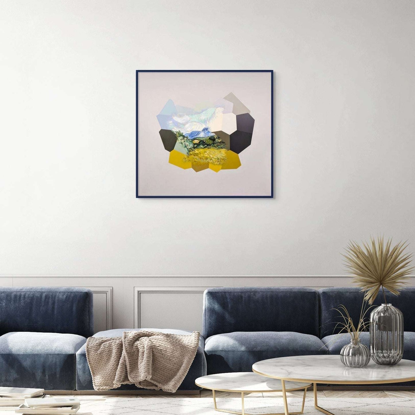 Geometric abstract painting inspired by Van Gogh by Marcus Callum on a living room wall