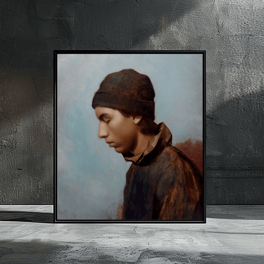 Detail of a custom portrait by Marcus Callum, UK portrait artist. Oil painting commission showcasing a young man wearing a beanie in a thoughtful pose.